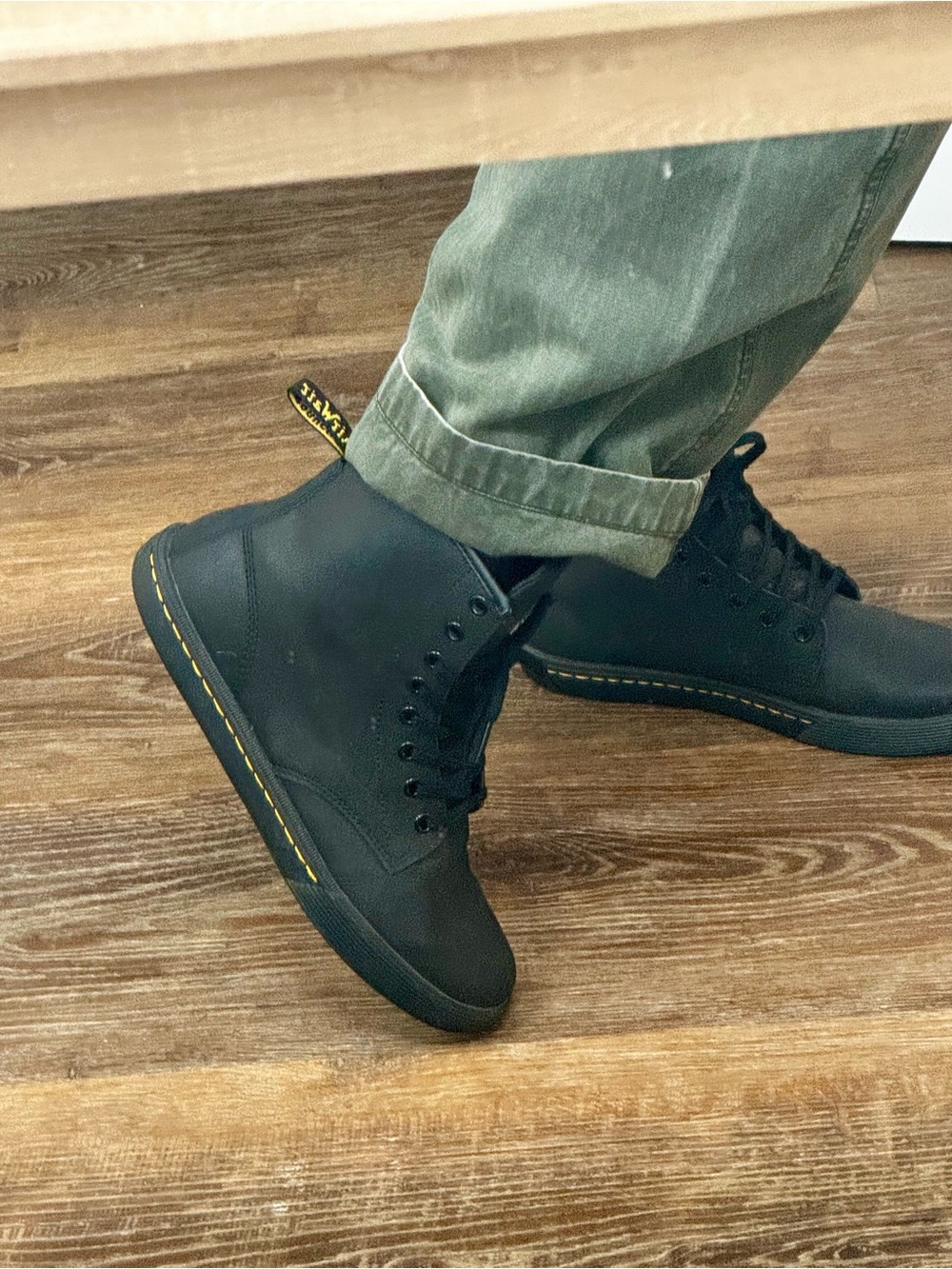Dr. Martens Black Lace-Up Women's Ankle Boots with Yellow Stitching